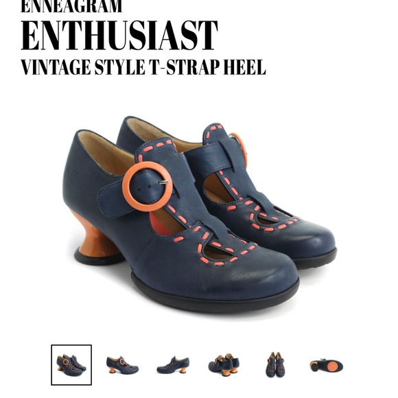 John Fluevog Shoes - John Fluevog "Enthusiast" Enneagram T-Strap Heels - Navy & Orange - Discontinued
